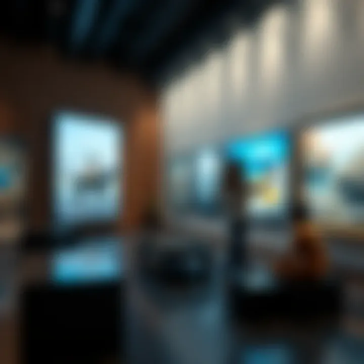 An artistic depiction of a traditional art gallery juxtaposed with digital art displays